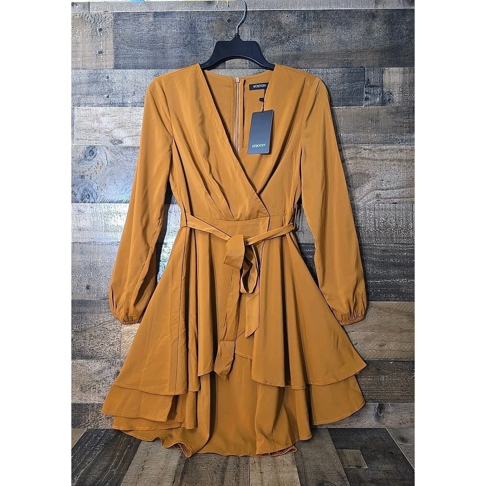 Faux Wrap Dress Tiered Tie Waist Women Small NWT Career Boho Classic Lagom